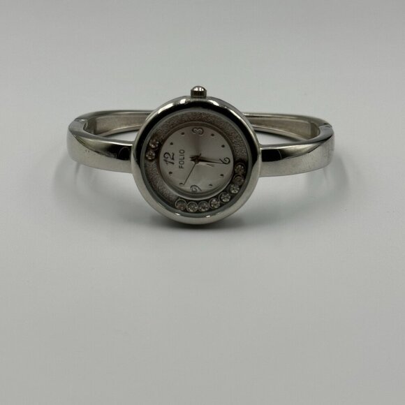 3/$30 Folio Watch Women Silver Bangle Band Floating Crystal Accent Works 6.75" - Picture 6 of 14